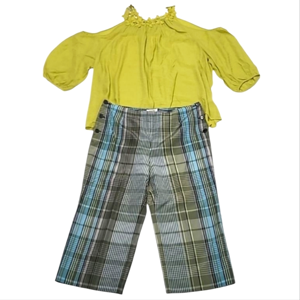Talbots Plaid Design Chinos Crop Wide Leg Pull On Silk High Waist Rise Checkered